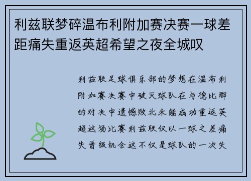 利兹联梦碎温布利附加赛决赛一球差距痛失重返英超希望之夜全城叹