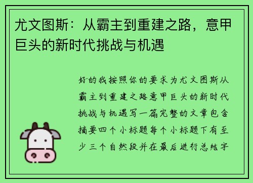 尤文图斯：从霸主到重建之路，意甲巨头的新时代挑战与机遇