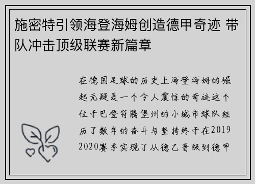 施密特引领海登海姆创造德甲奇迹 带队冲击顶级联赛新篇章